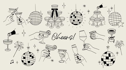 Party event celebration. Champagne wine cocktails hand drawn doodles. Disco ball and bengal fire.