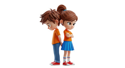 Cartoon siblings with disagreement and a sense of disconnection shown through their back to back posture in a 3D rendering art isolated