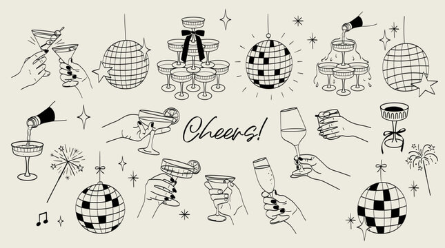 Party event celebration. Champagne wine cocktails hand drawn doodles. Disco ball and bengal fire.