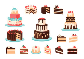 A collection of beautifully illustrated cakes and dessert slices featuring various designs and flavors for celebration and sweet treats.