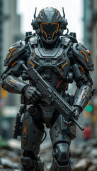 Futuristic soldier in advanced combat armor stands ready with a rifle