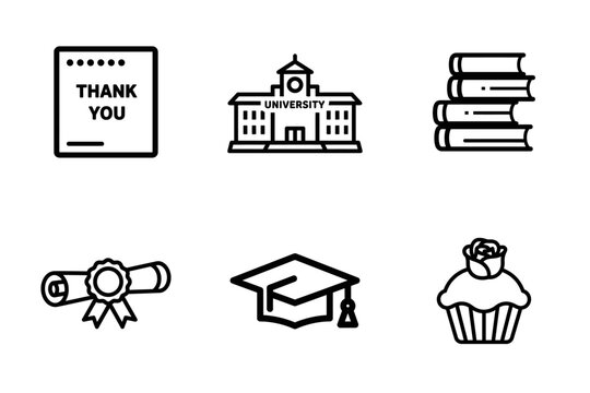 Education, Graduation, and Gratitude Line Icons Set - Academic Achievement, University, Books, Diploma, Cap, Celebration Symbols