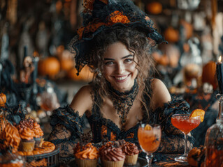 A beautiful woman in a cute Halloween outfit, sitting at a decorated table, festive atmosphere, warm and playful mood