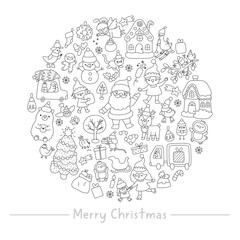 Vector black and white Christmas round frame with deer, decorated tree, elf. New Year card template design for banners, invitations. Cute winter holiday line illustration, coloring page with Santa