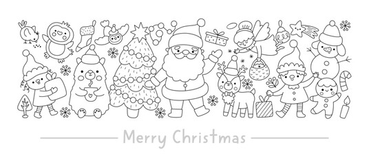 Vector black and white horizontal Christmas border set with cute winter holiday characters. New Year line card template design, coloring page with Santa Claus, deer, elf, tree, snowman, stocking