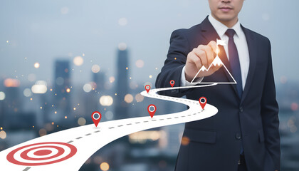navigating business success with roadmap and milestone markers leading to goal