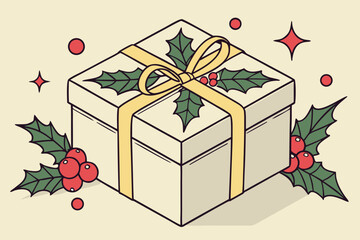 3D isometric gift box vector with holly berries, gold ribbon and bow decoration