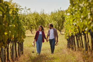 A couple strolls hand in hand down a pleasant row of vines, surrounded by green leaves and sunny skies. They share smiles while promoting their family wine production business.
