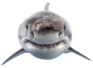 Gray shark fish swimming with visible teeth, front view, isolated on transparent background