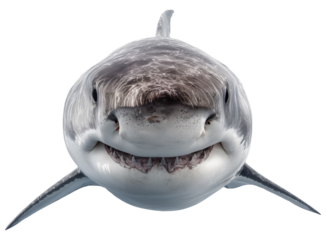 Gray shark fish swimming with visible teeth, front view, isolated on transparent background