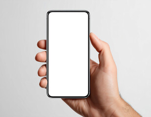 Close-up of hand gripping blank smartphone with neutral background