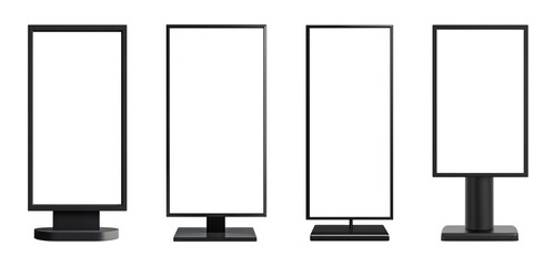 Set of four different black display stands isolated on transparent background
