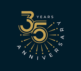35 Years Anniversary with fireworks design vector illustration. Unique 35 years logo design template. In gold color.	
