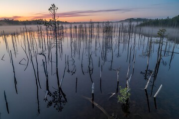 Serene Sunrise Over Misty Waterscape with Reflections of Bare Trees
