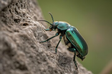 A brilliantly iridescent green beetle clings to a rough textured stone surface