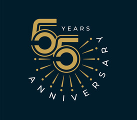 55 Years Anniversary with fireworks design vector illustration. Unique 55 years logo design template. In gold color.	