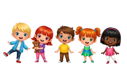 Diverse group of cartoon kids happily smiling together standing side by side representation of unity and childhood friendship and playful innocence