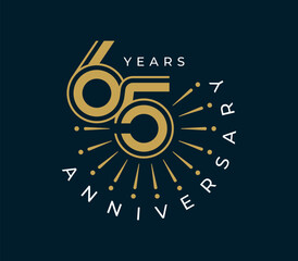 65 Years Anniversary with fireworks design vector illustration. Unique 65 years logo design template. In gold color.	