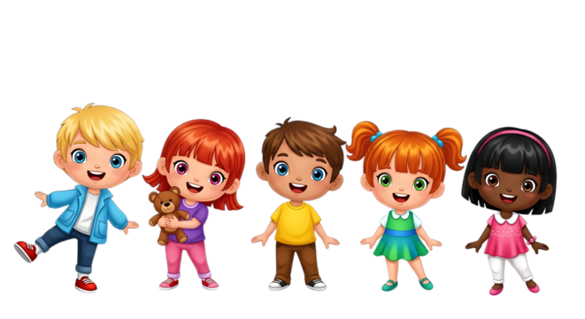 Diverse group of cartoon kids happily smiling together standing side by side representation of unity and childhood friendship and playful innocence
