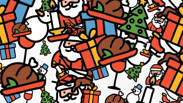 Animation of pattern with doodle style christmas elements. perfect for festive cards, gift wrap, or social media posts. Traditional and cheerful design elements.