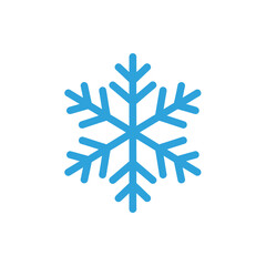 Flat snowflake vector icon in light blue color representing winter, cold season, and frozen weather condition in minimal flat design