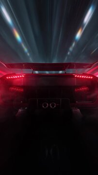 Rear view of a red sports car racing at high speed on neon highway. Power acceleration on a night track with colorful lights. Futuristic digital background. 3d concept of velocity and technology.	