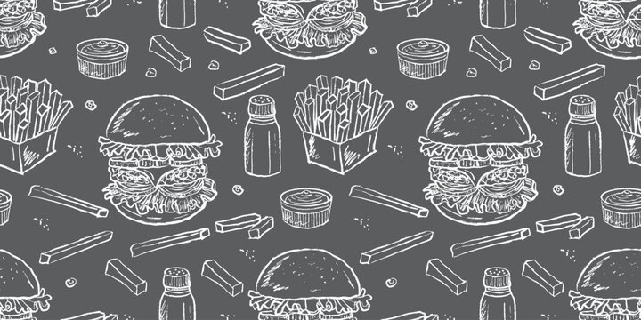 Hand drawn tasty hamburger, french fries, salt, pepper and sauce. Fast food seamless pattern design. Chalkboard drawing on black background. Vector sketch illustration in vintage crayon style