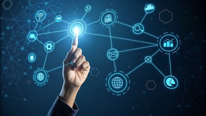 A hand interacting with a digital network interface, highlighting the interconnectedness of modern technology and communication systems in a futuristic design