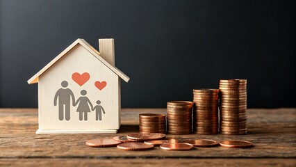 Financial planning for family and home concept with house model, family icon, heart and stack of coins on wooden table and dark background
