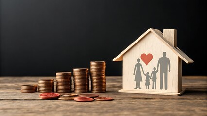 Financial security for family and home concept with house model, family icon, heart and stack of coins on wooden table and dark background