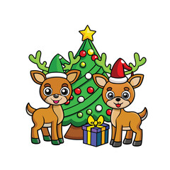 Fototapeta premium A Christmas scene with a cute reindeer family standing beside gift boxes under a decorated pine tree cartoon vector illustration