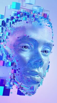 Futuristic digital human face with pixel blocks on blue gradient background. Concept of technology and artificial intelligence visualization. 3d animation