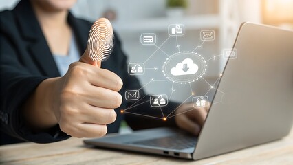 Business woman showing thumb up with fingerprint scan to access personal data and cloud computing network security system, technology concept