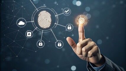 Fingerprint scanning and biometric authentication innovation technology businessmen use fingerprints to access personal financial data and cybersecurity
