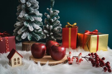 Christmas holiday decoration with gifts apples santa and miniature trees scene