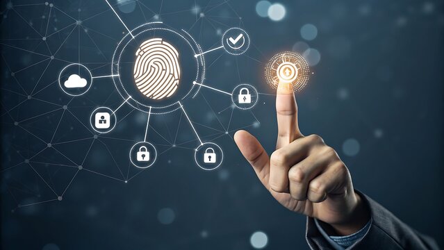 Fingerprint scanning and biometric authentication innovation technology businessmen use fingerprints to access personal financial data and cybersecurity