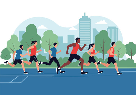 A diverse group of men and women are running a race or jogging on an outdoor track with a city park and buildings in the background.