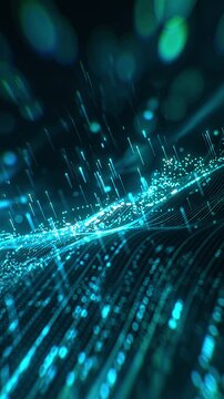 Abstract digital data wave with glowing particles and dynamic lines on a dark background, concept of technology and data visualization. 3d animation