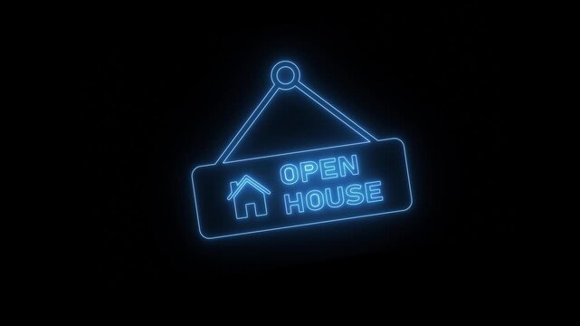 Neon glowing open house sign animation on black background.