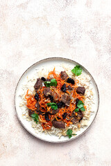 Kabuli pulao, pilaf, the national dish of Afghanistan, rice with meat , homemade, no people,