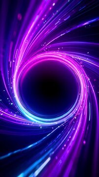 Glowing swirling vortex of vibrant light trails in blue, purple and pink color on a dark background. Concept of big data, block chain and digital technology. Template with free copy space for text.