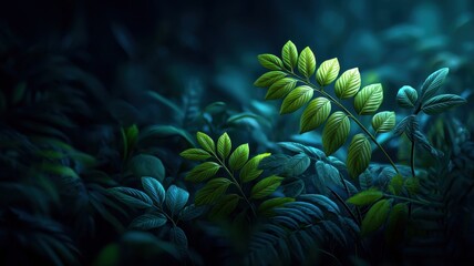 Fototapeta premium Leafy Shrub Aesthetic concept. Lush green foliage illuminated in a mystical, dark atmosphere.