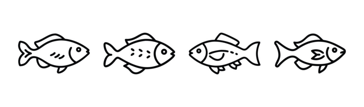 Four outline gourami fish icons simple sketch style aquatic animal line art collection