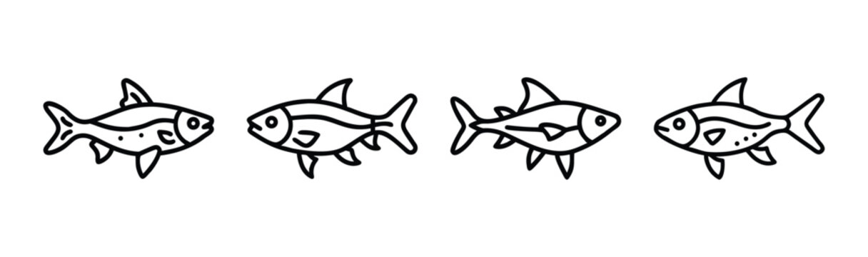 Four detailed line art drawings of harlequin rasbora fish in a row