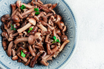 pickled honey mushrooms, in a bowl, homemade, top view, no people,