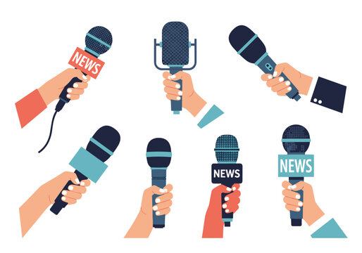 Multiple hands are shown holding various microphones, some labeled 'NEWS,' symbolizing media, reporting, interviews, and public speaking events.