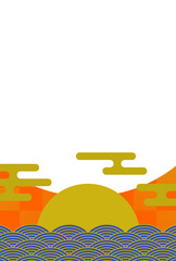 年賀状のフレーム素材　和風デコレーション　初日の出（1）　オレンジと青　タテ