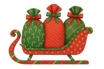 Christmas sleigh carrying gift bags, festive holiday presents for seasonal greeting and celebration, transparent background
