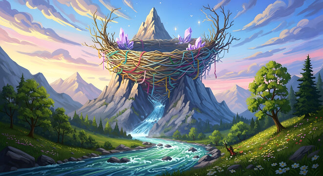 Enchanting fantasy castle perched atop a mountain peak surrounded by a vibrant forest and flowing river