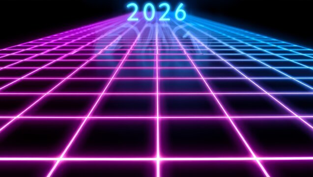 Neon grid with 2026 text shining brightly, perfect for futuristic technology concepts and digital design projects - Powered by Adobe